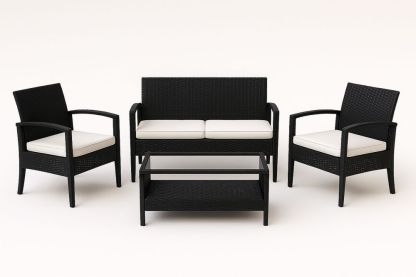 Udendørs møbelsæt i sort polyrattan med hvid polyester hynder-Decosuave