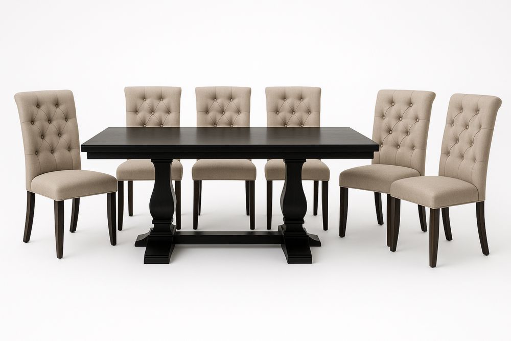 Spisebordssæt i træ med seks stole i beige stof-Decosuave