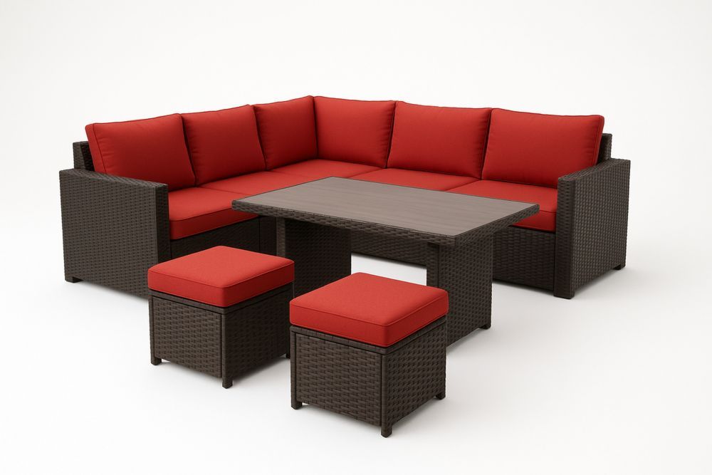 Hjørnesofa sæt i polyrattan med røde hynder og bord-Decosuave