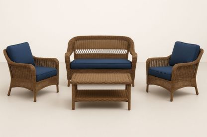 Udendørs loungesæt med polyrattan og blå puder-Decosuave