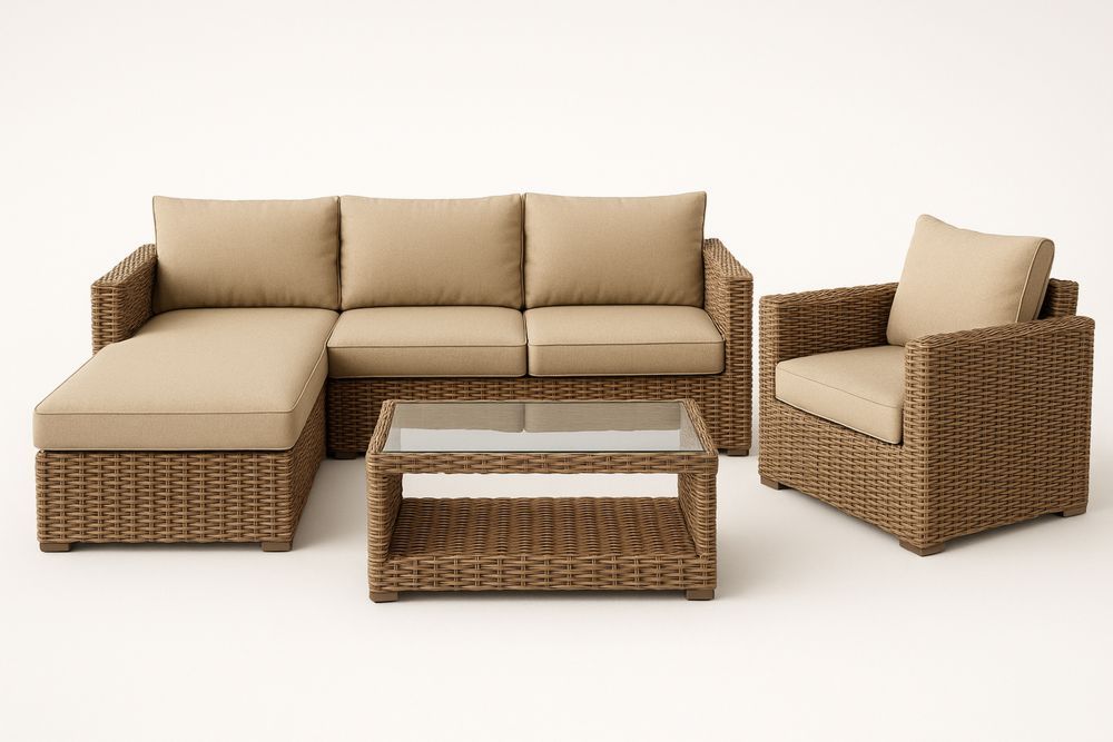 Udendørs Møbelsæt med Sofa, Lænestol og Glasbord i Polyrattan og Stof - Beige-Decosuave