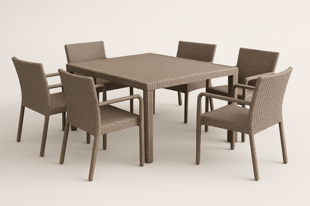 Udendørs spisebordssæt i rattan med 6 stole 150x150 cm Brun-Decosuave