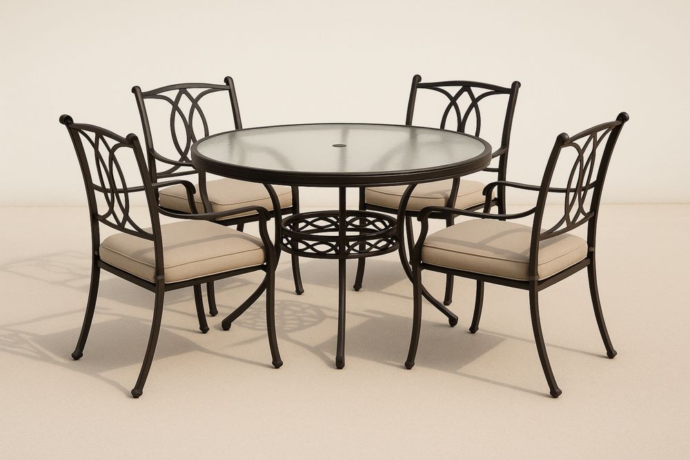 Rundt udendørs spisebordssæt i metal med 4 stole og glasbordplade-Decosuave