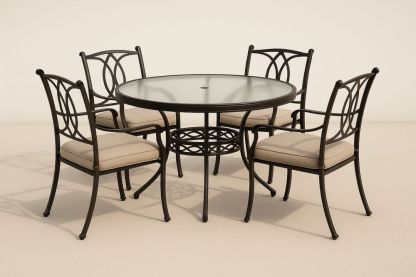 Rundt udendørs spisebordssæt i metal med 4 stole og glasbordplade-Decosuave