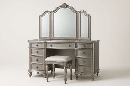 Gråt sminkebord med skuffer og trefoldet spejl-Decosuave