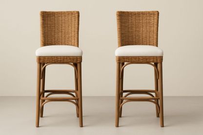 Rattan Barstol Sæt med Træramme og Hvidt Sæde-Decosuave