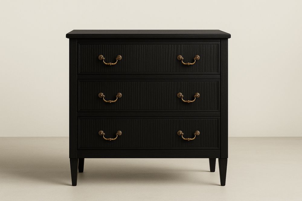 Sort kommode med 3 skuffer i træ og messing håndtag 90 cm x 45 cm x 80 cm-Decosuave