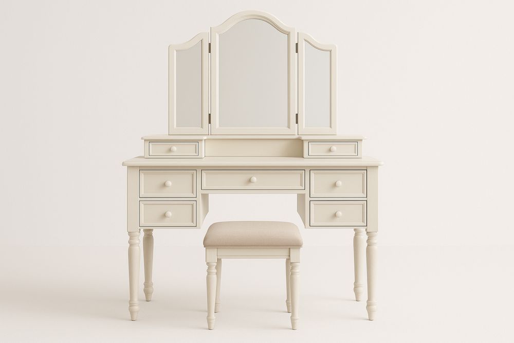 Sminkebord med stol i træ med spejl og opbevaringsskuffer, hvid-Decosuave