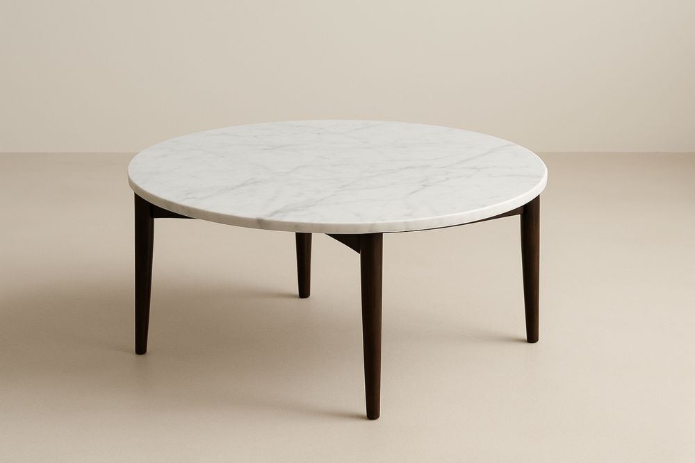 Rundt marmor sofabord med træben D100cm H45cm-Decosuave