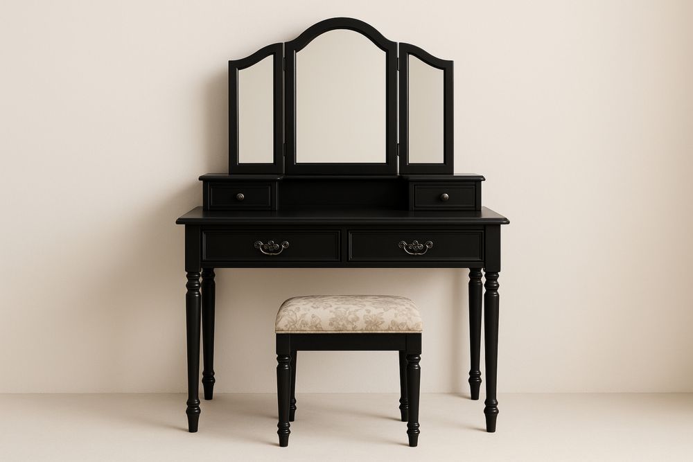 Sort træ toiletbordssæt med tre spejle og skammel-Decosuave