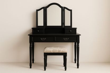 Sort træ toiletbordssæt med tre spejle og skammel-Decosuave