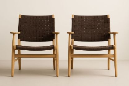 Sæt af 2 egetræsstole med brun vævet sæde-Decosuave