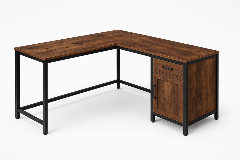 L-formet skrivebord i træfinér med metalstel 140x130x75 cm-Decosuave