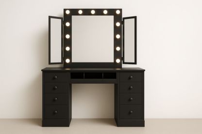 Makeupbord i træ med LED-spejl 140 cm-Decosuave