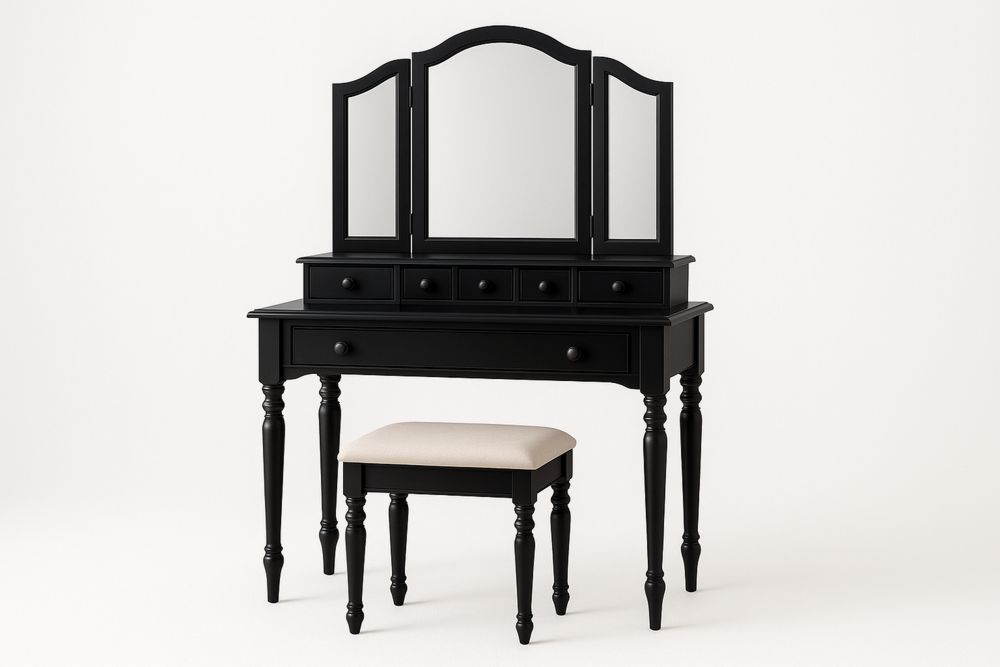 Sort trætoiletbord med treparts spejl og stol-Decosuave