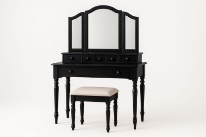 Sort trætoiletbord med treparts spejl og stol-Decosuave