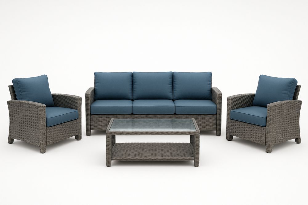 Have Møbelsæt i Flettet Rattan med Blå Hynder og Glasbord-Decosuave