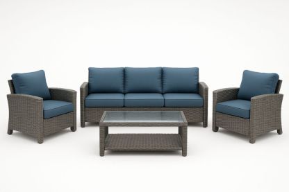 Have Møbelsæt i Flettet Rattan med Blå Hynder og Glasbord-Decosuave