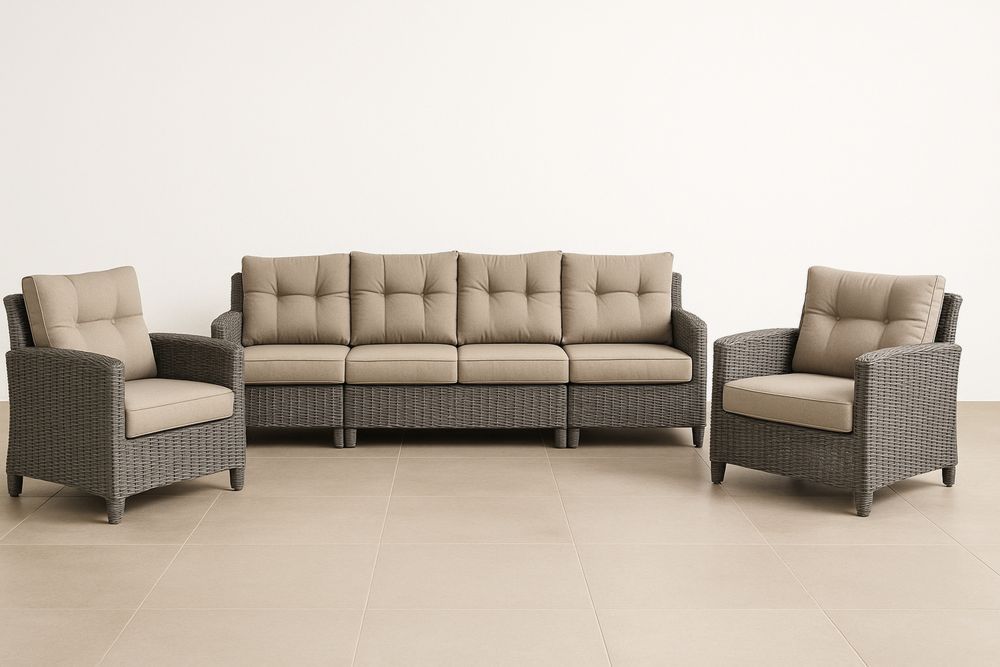 Udendørs sofa sæt i polyrattan med polyester hynder, grå/beige-Decosuave