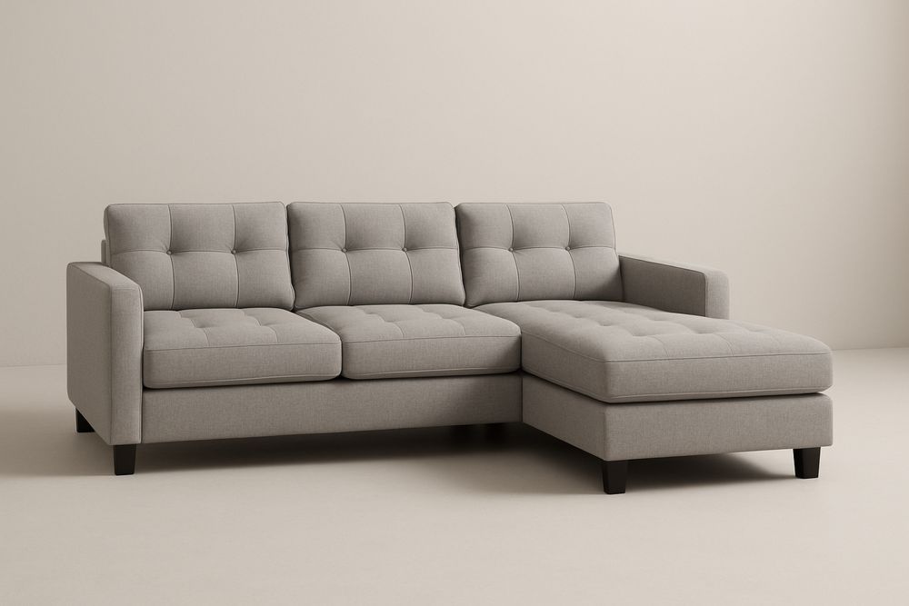 Hjørnesofa i grå polyesterstof med chaiselong-Decosuave