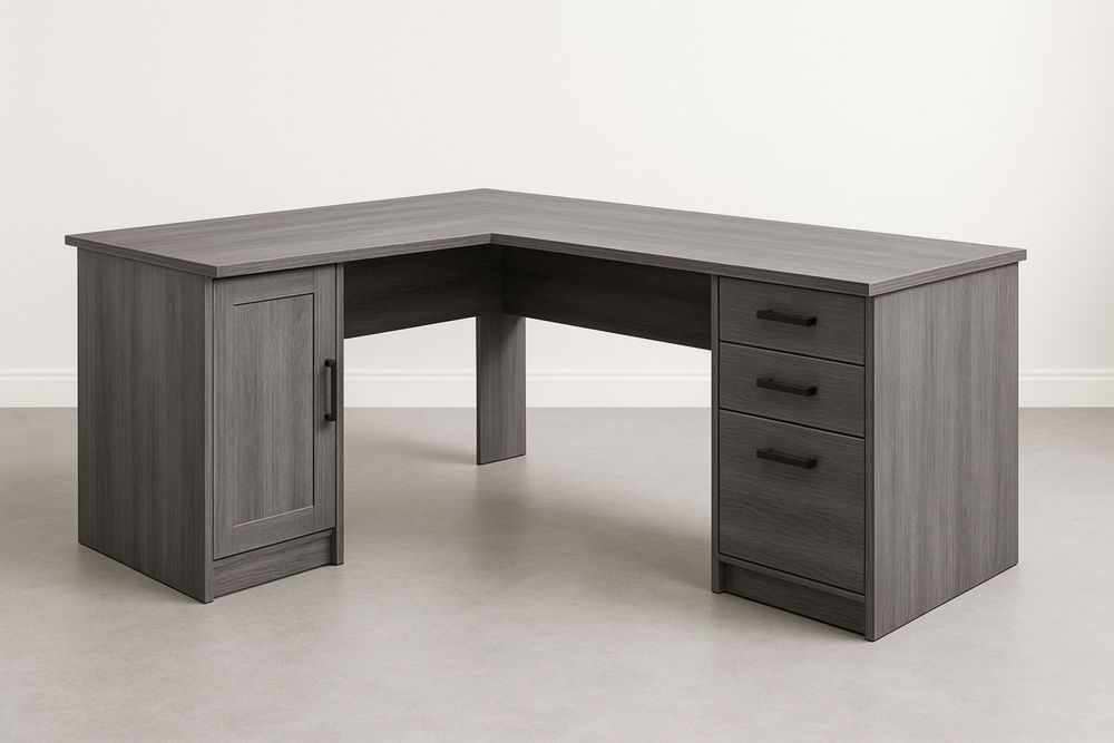 L-formet skrivebord træ med skuffer og skab-Decosuave