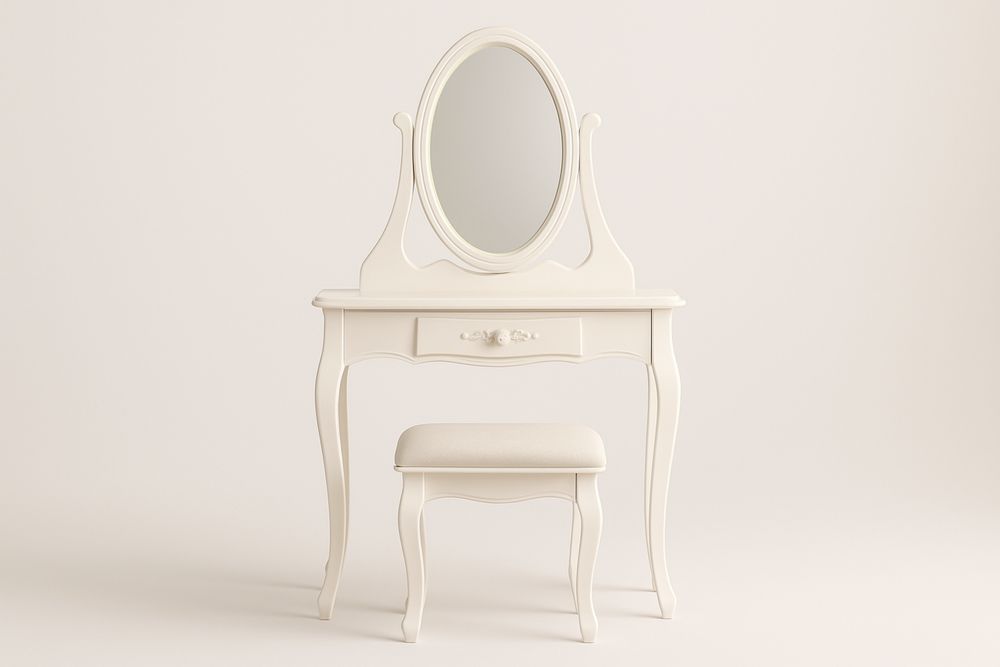 Hvid Makeup Bord Sæt i Træ med Oval Spejl og Skammel-Decosuave