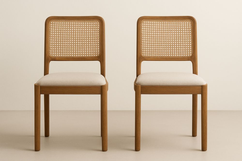 Sæt af to træstole med rottingryg og beige sæde-Decosuave