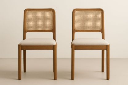 Sæt af to træstole med rottingryg og beige sæde-Decosuave