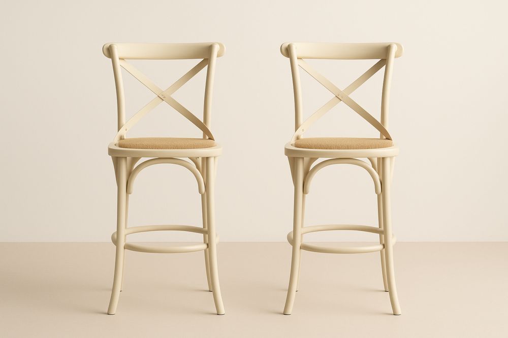 2 stk barstole med krydseryglæn og sæde i naturflettet, træramme, beige-Decosuave