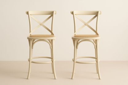 2 stk barstole med krydseryglæn og sæde i naturflettet, træramme, beige-Decosuave