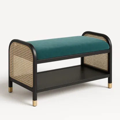 Förvaringsbänkar i sammet och rotting med fururam grön och svart