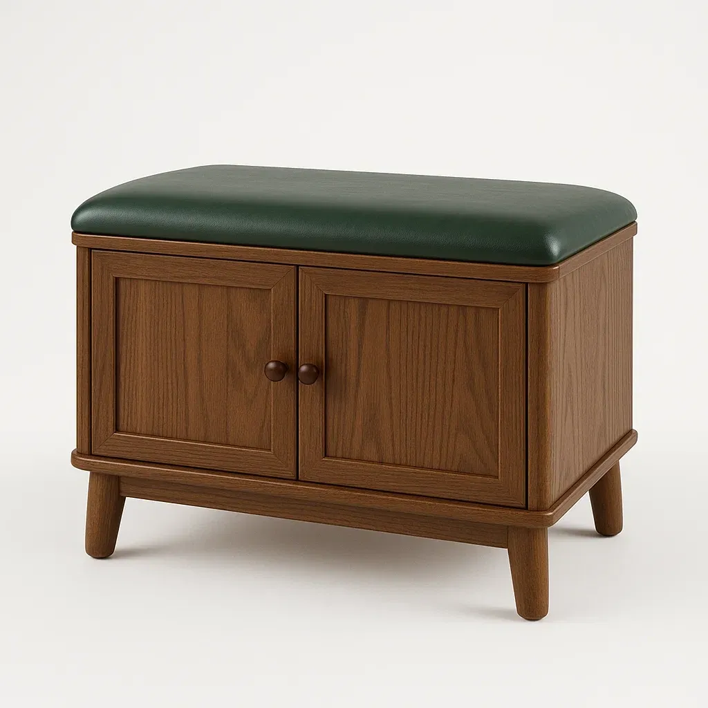 Förvaringsbänkar med trä och grönt skumöverdrag