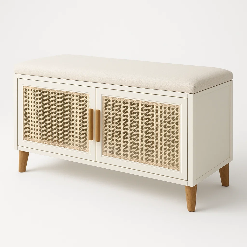 Förvaringsbänkar i trämaterial med rottingdetaljer, vit och natur, 100×40×42 cm