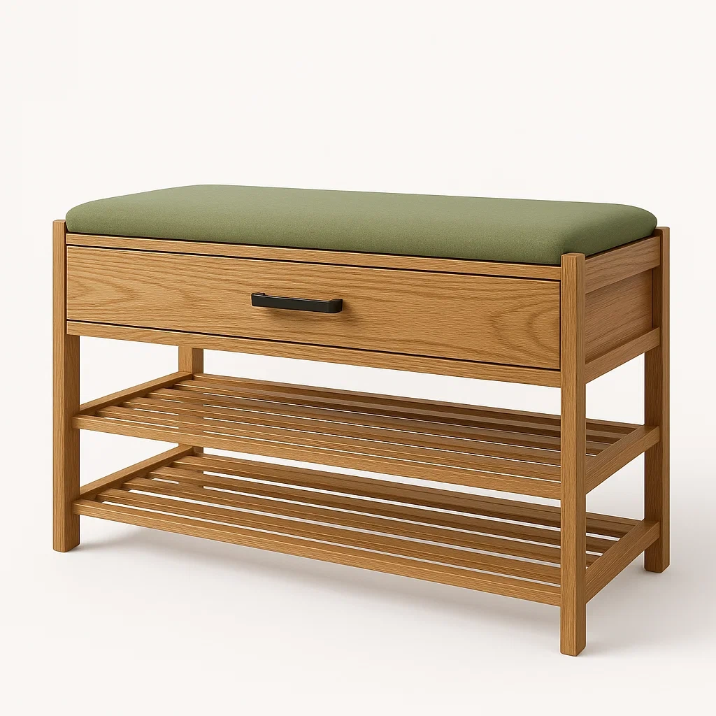 Förvaringsbänkar i trä med grön sits och förvaring 90×35×50 cm