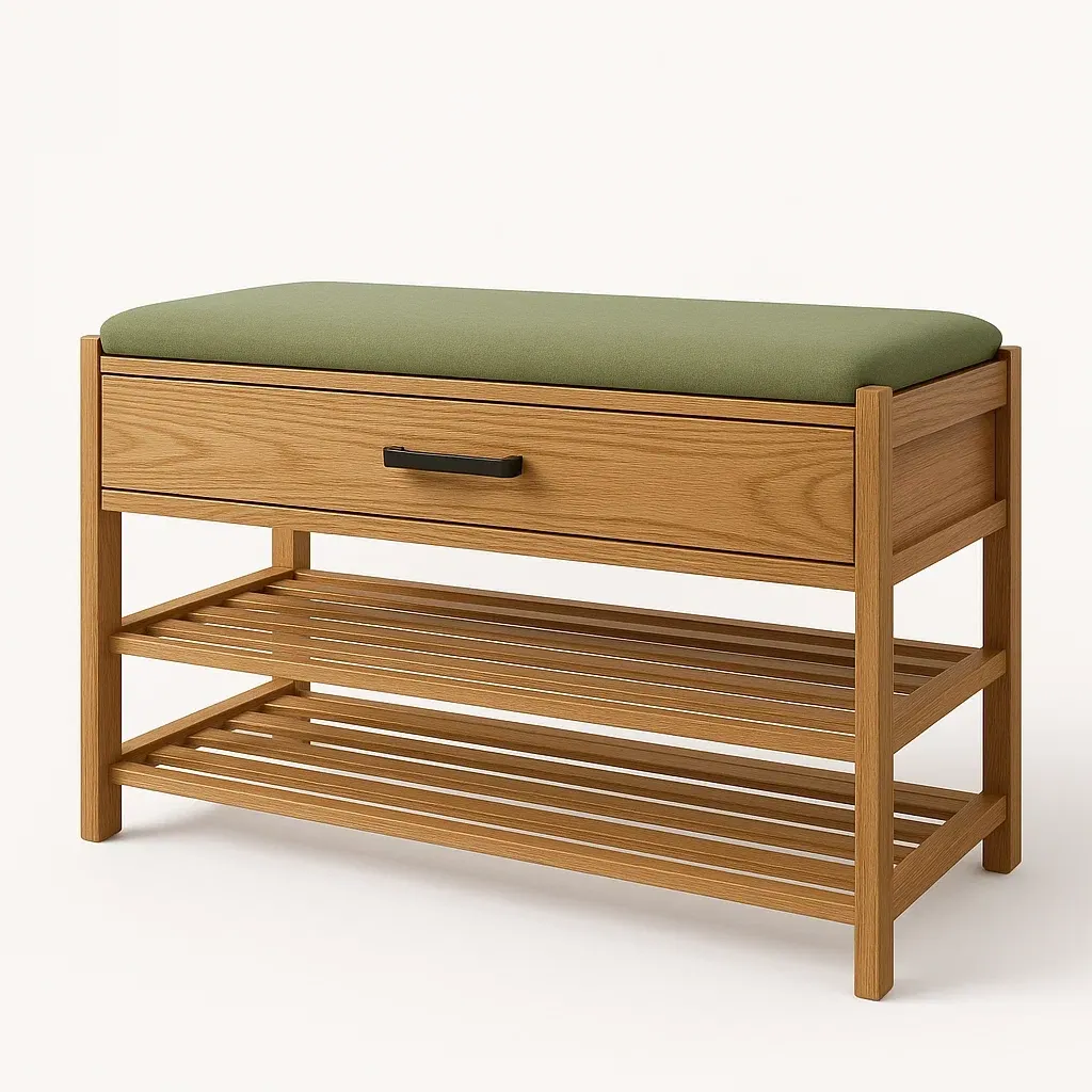 Förvaringsbänkar i trä med grön sits och förvaring 90×35×50 cm