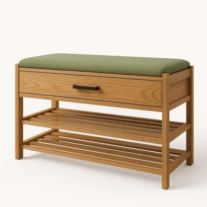 Förvaringsbänkar i trä med grön sits och förvaring 90×35×50 cm