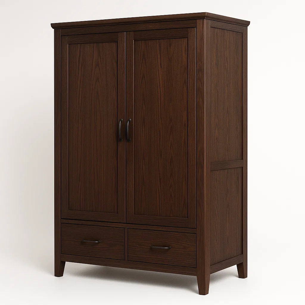 Garderober i mörkt trä med 2 dörrar och 2 lådor