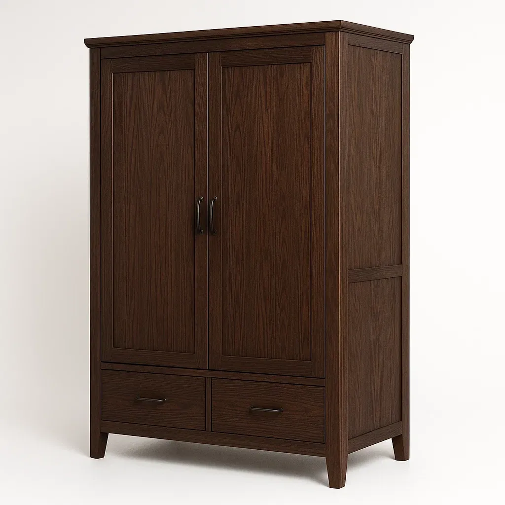 Garderober i mörkt trä med 2 dörrar och 2 lådor