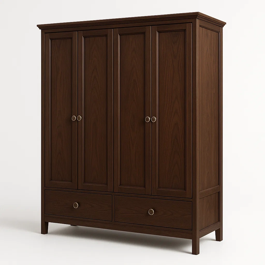 Garderober i mörkt massivt trä med fyra dörrar och två lådor