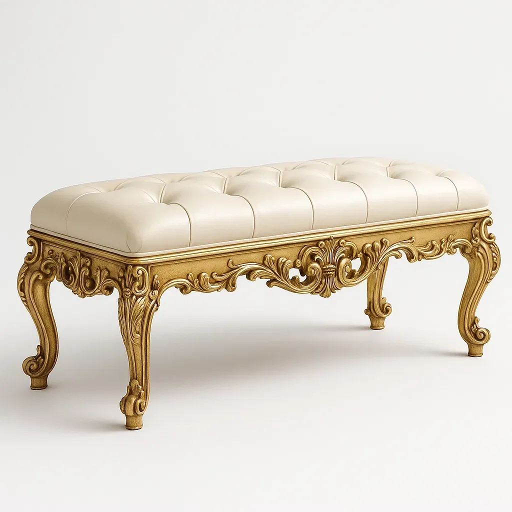 Sängbänk pall i trä med gräddvitt läder och guldfinish