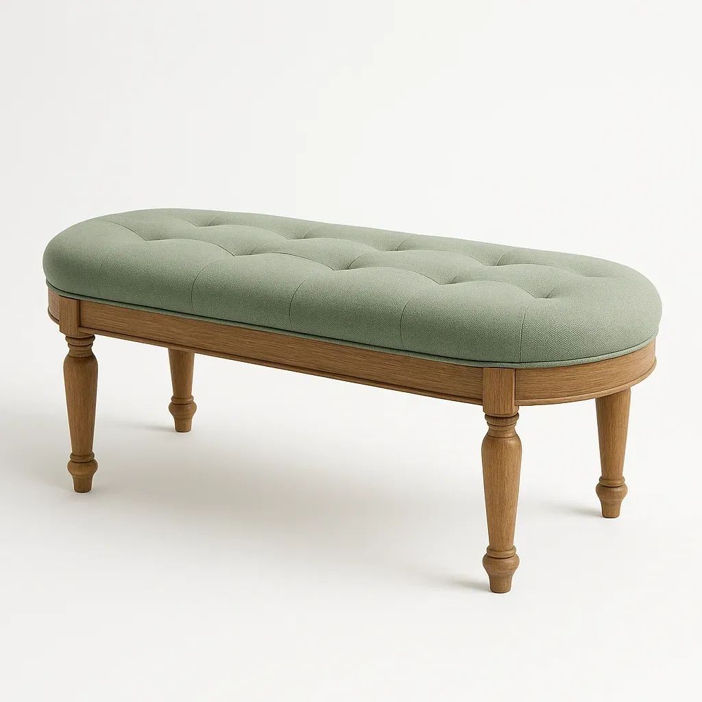 Sängbänk i trä med grön polyesterklädsel 120×40 cm