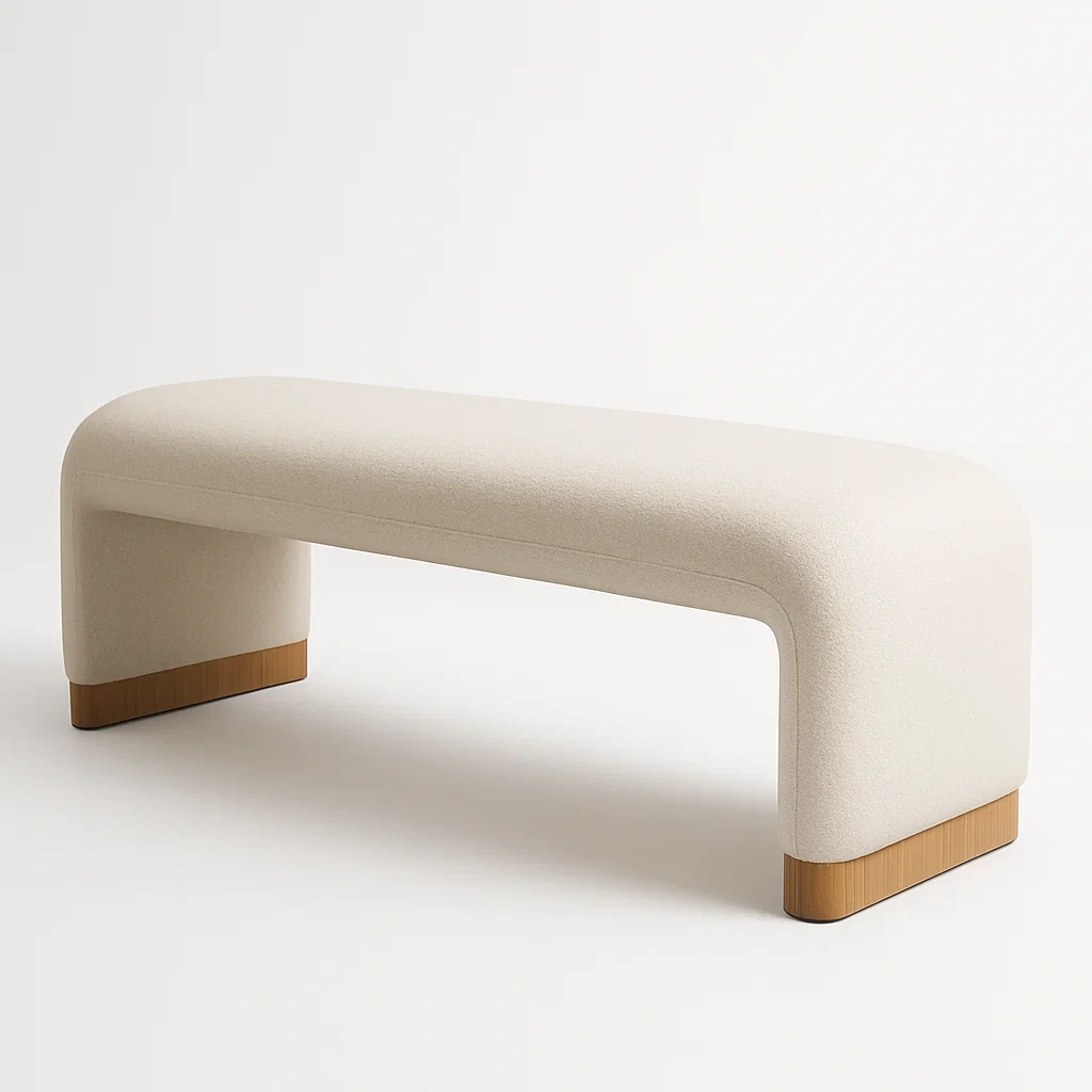 Sängbänk vit bänk med rundade kanter i tyg och trädetaljer