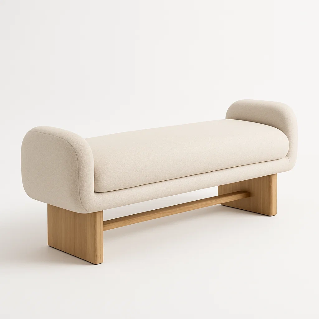 Sängbänk beige bänk med trästomme 140×45×50 cm