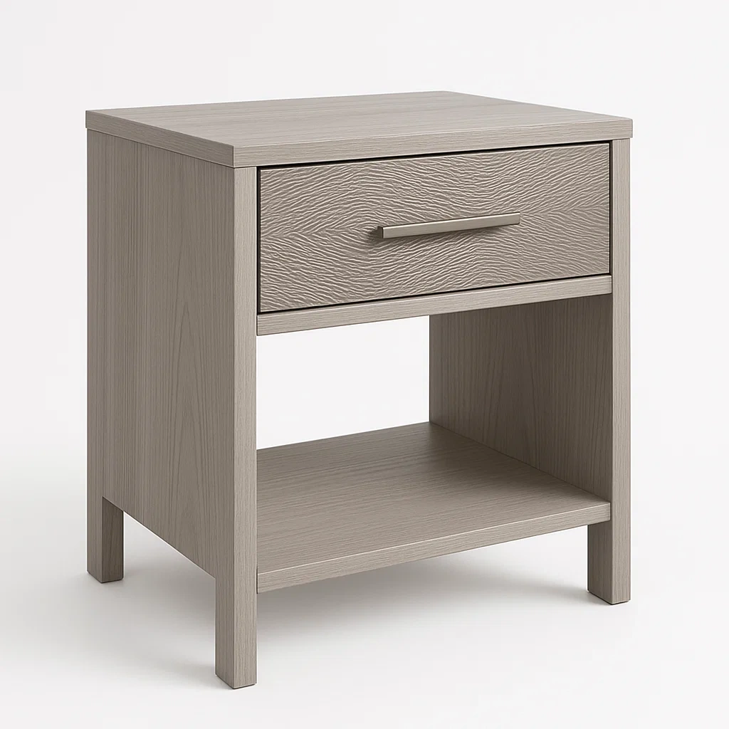 Sängbord i ljusgrå träfanér med låda 50×40×60 cm