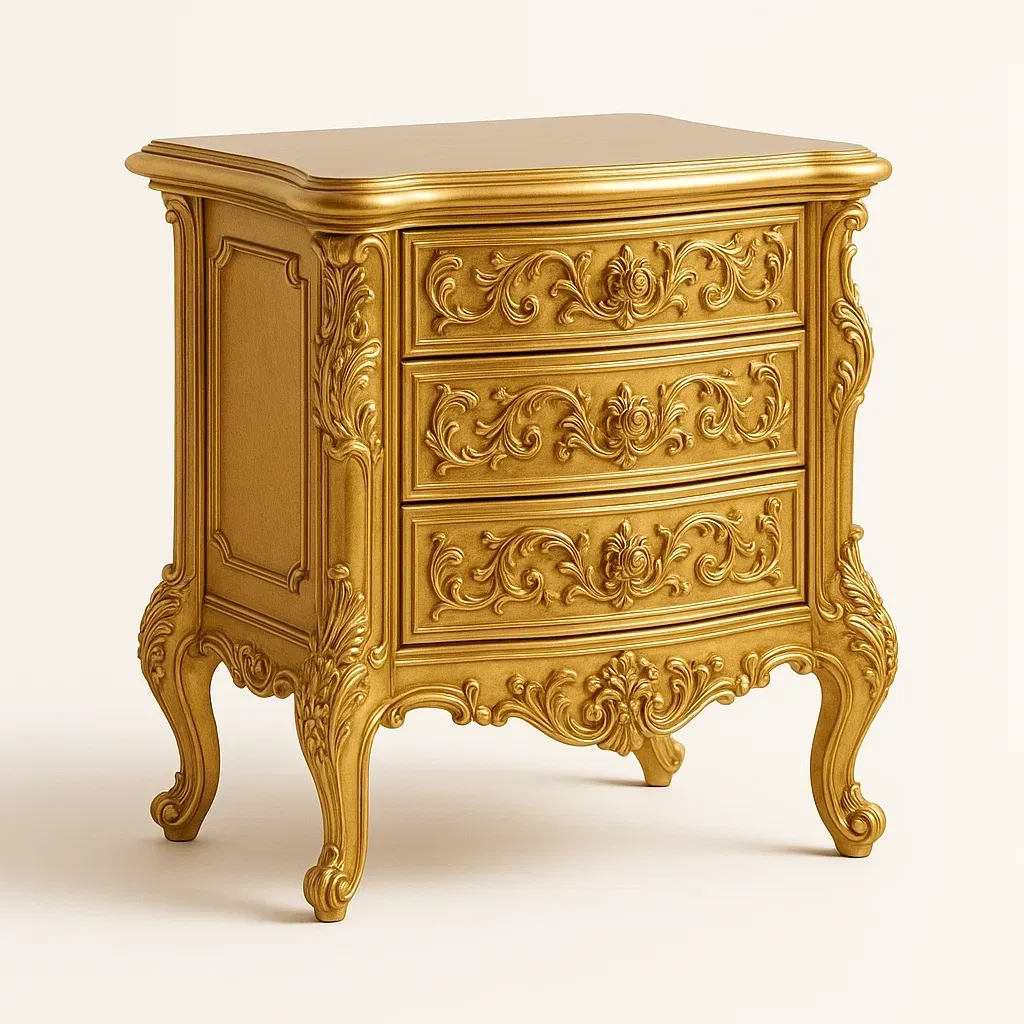 Sängbord guld trä med snidade detaljer 3 lådor 60×35×75 cm