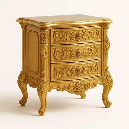 Sängbord guld trä med snidade detaljer 3 lådor 60×35×75 cm