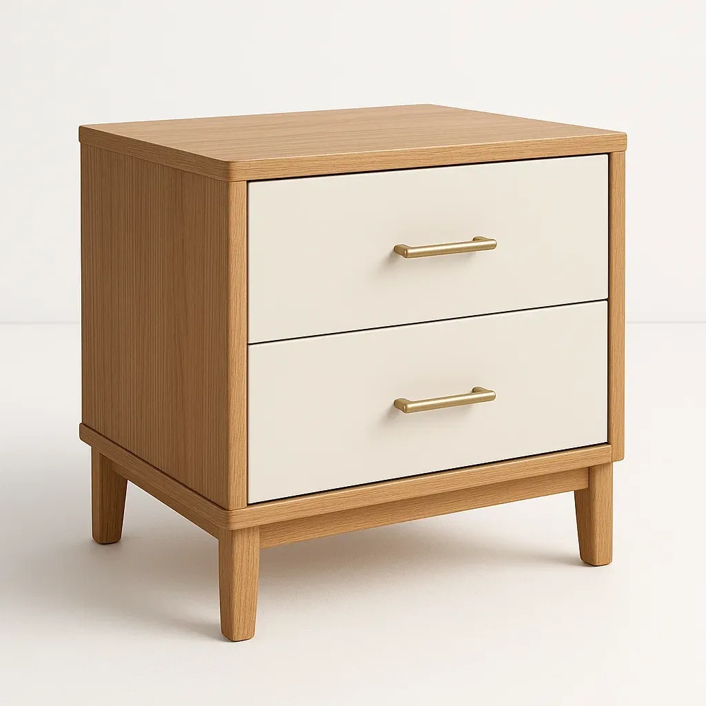Sängbord med 2 lådor i trä och benvit färg 40×40×55 cm
