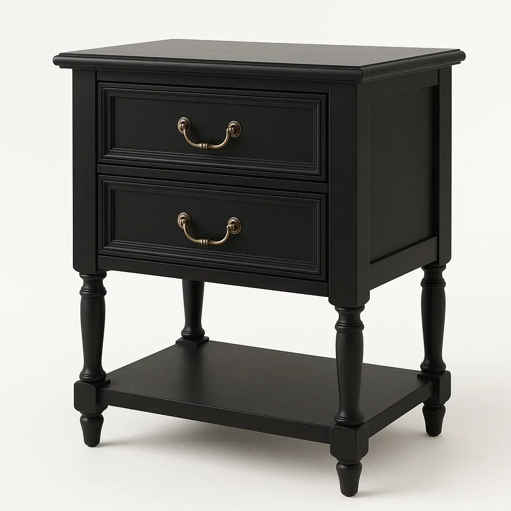 Sängbord svart i massivt trä med metallhandtag