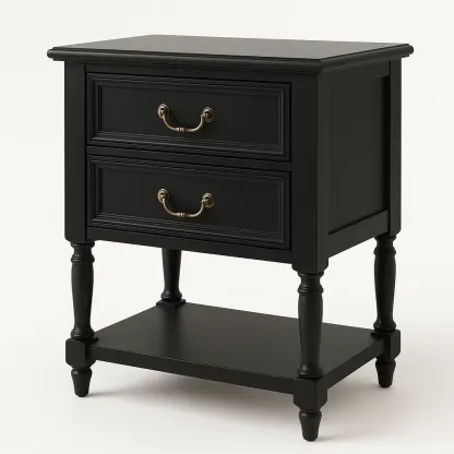 Sängbord svart i massivt trä med metallhandtag