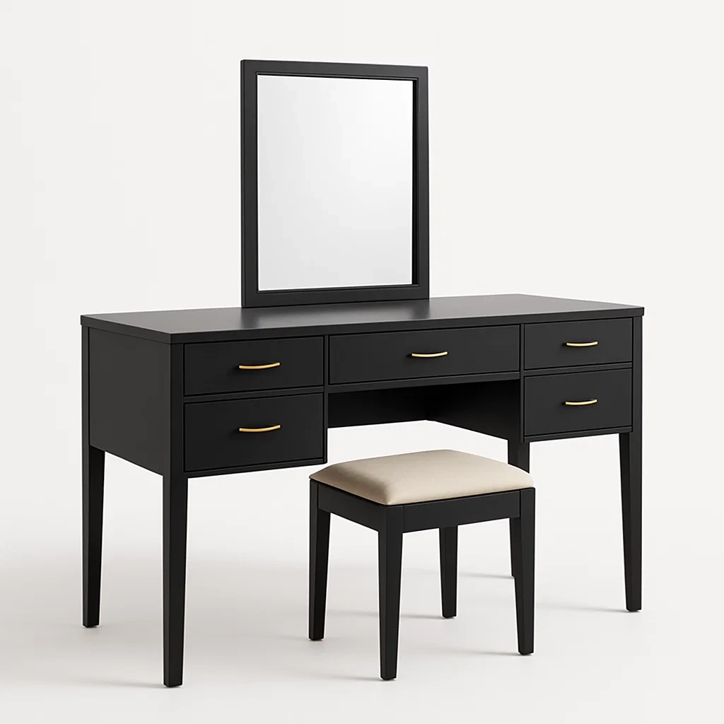 Sminkbord i trä med spegel och pall och fem lådor